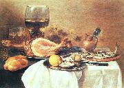 Pieter Claesz, A ham, a herring, oysters, a lemon, bread, onions, grapes and a roemer
